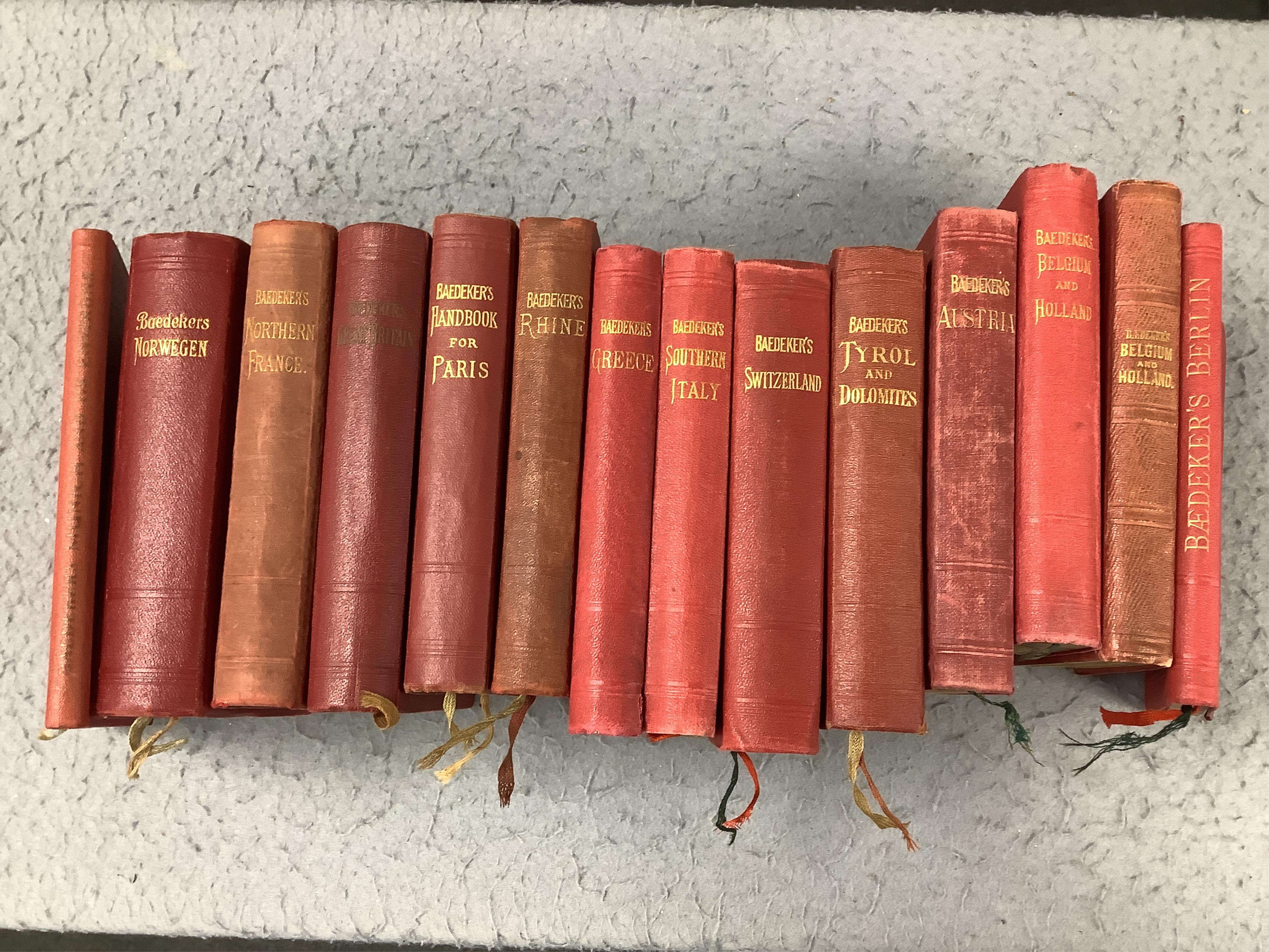 European Guides - including some 14 Baedekers (mostly earlier 20th cent.); other Paris & Continental guides (dates as above); mostly original cloth bindings; together with a few Paris plans (43)